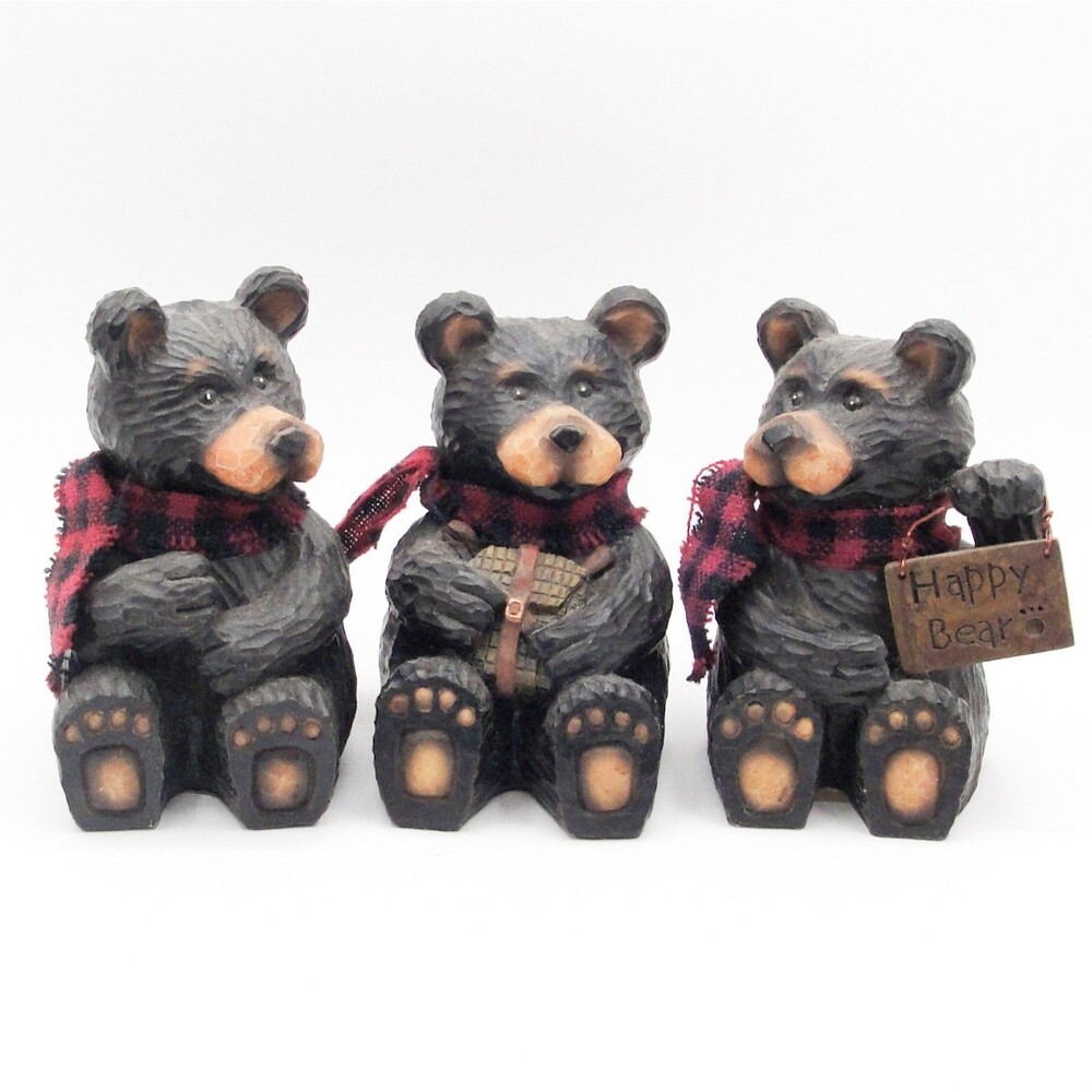 Young’s Black Bear Carved Rustic Cabin Lodge Winter Plaid Scarf Set 3 Figure